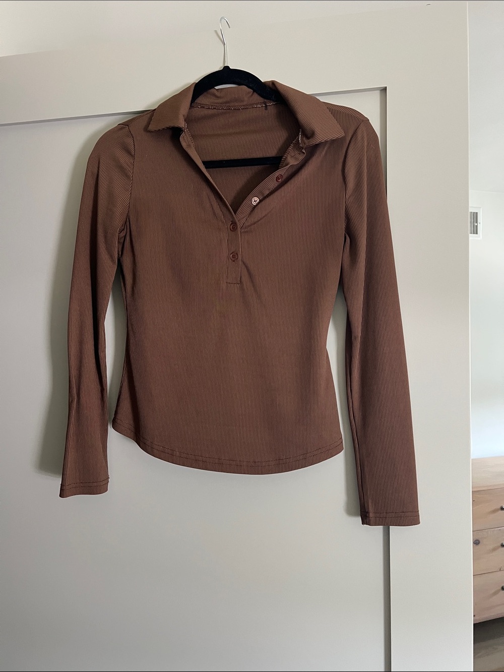 Brown Long-Sleeve Ribbed Polo Top
